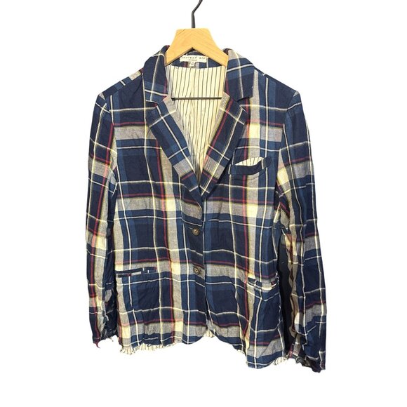 Current Air L Blue Distressed Plaid Button-Up Blazer Jacket With Elbow Patches - Picture 1 of 6